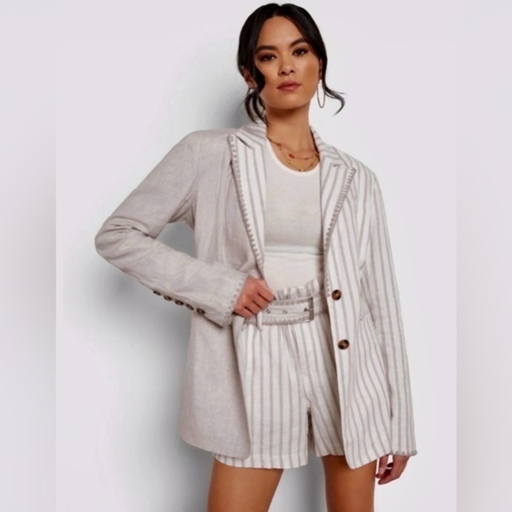 NEW Sam Edelman Size Large - White Taupe Striped Enola Linen Blend Blazer